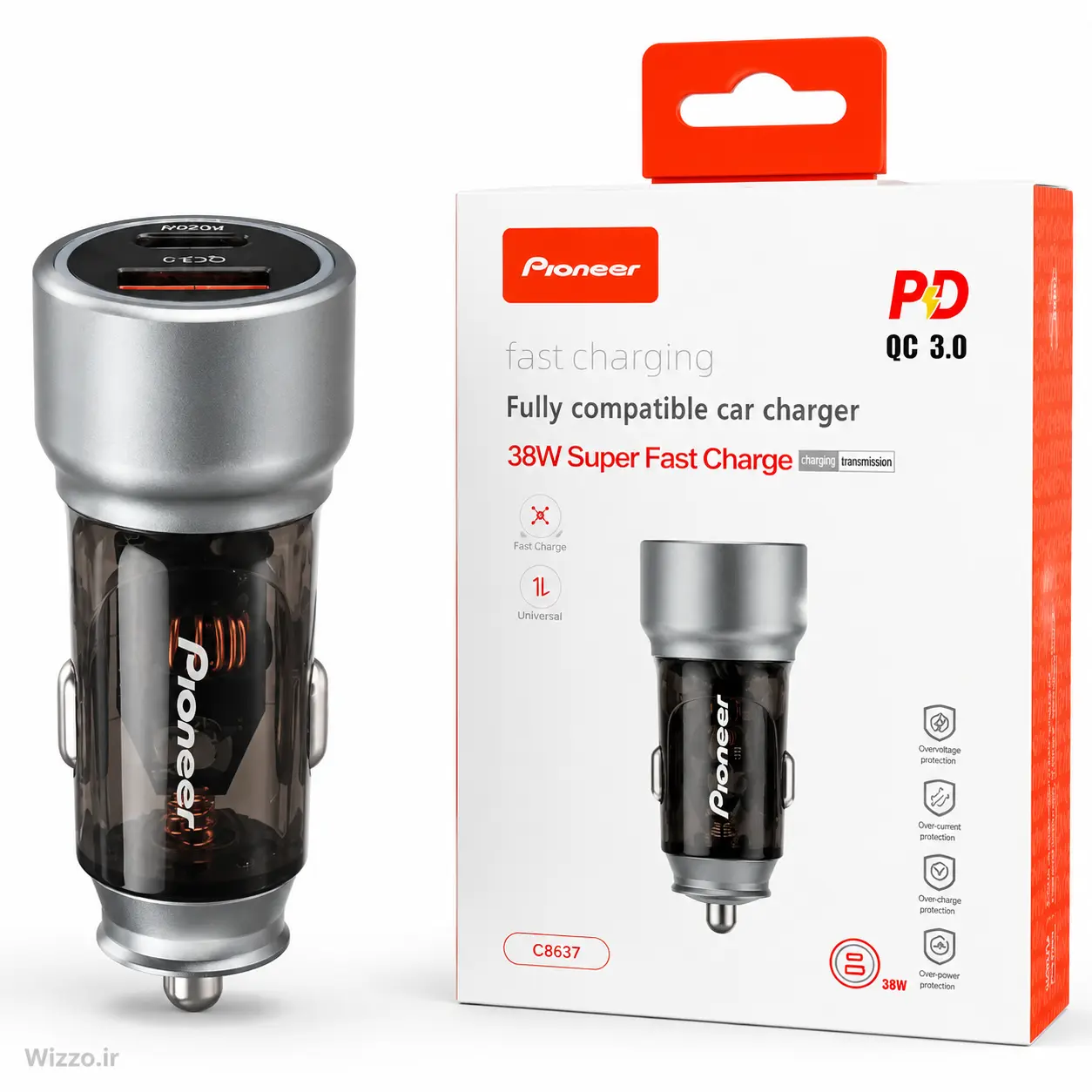 شارژر فندکی خودرو پایونیر مدل C8637 فست شارژ ۳۸ وات