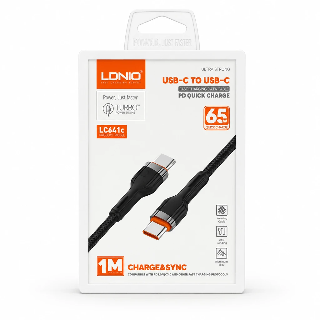 خرید کابل شارژر فست شارژ 65 وات Type C به Type C الدینیو LDNIO LC641C PD65W