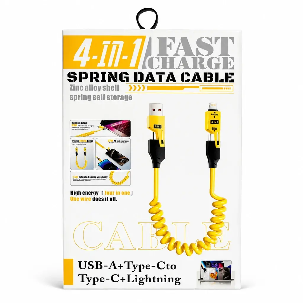 کابل ۴ کاره فنری فست شارژ 65 وات مدل s229 تبدیل type-c و usb به لایتنینگ و type-c